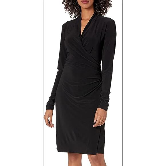 Norma Kamali Black Faux Wrap Gathered Side Drape L/S Knee Length Dress -XS - Picture 1 of 7